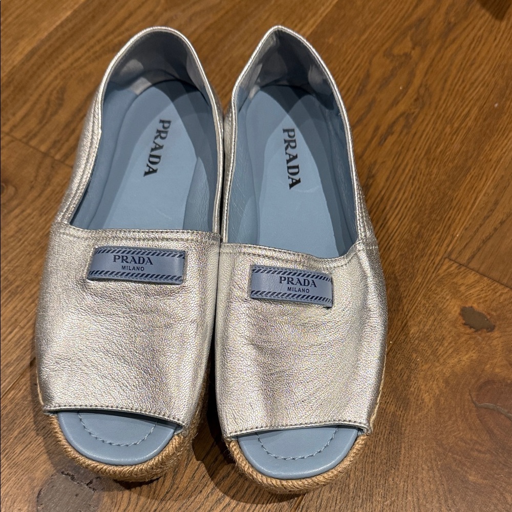 Prada Women's Silver Espadrille Peep-Toe Shoes
